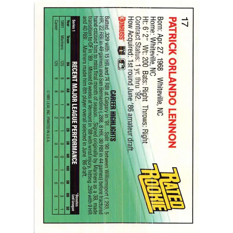 1992 Donruss #17 Pat Lennon RR NM-MT Seattle Mariners Baseball Card - Baseball Card Single