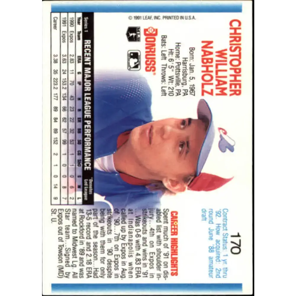 1992 Donruss #170 Chris Nabholz NM-MT Montreal Expos Baseball Card - Baseball Card Single