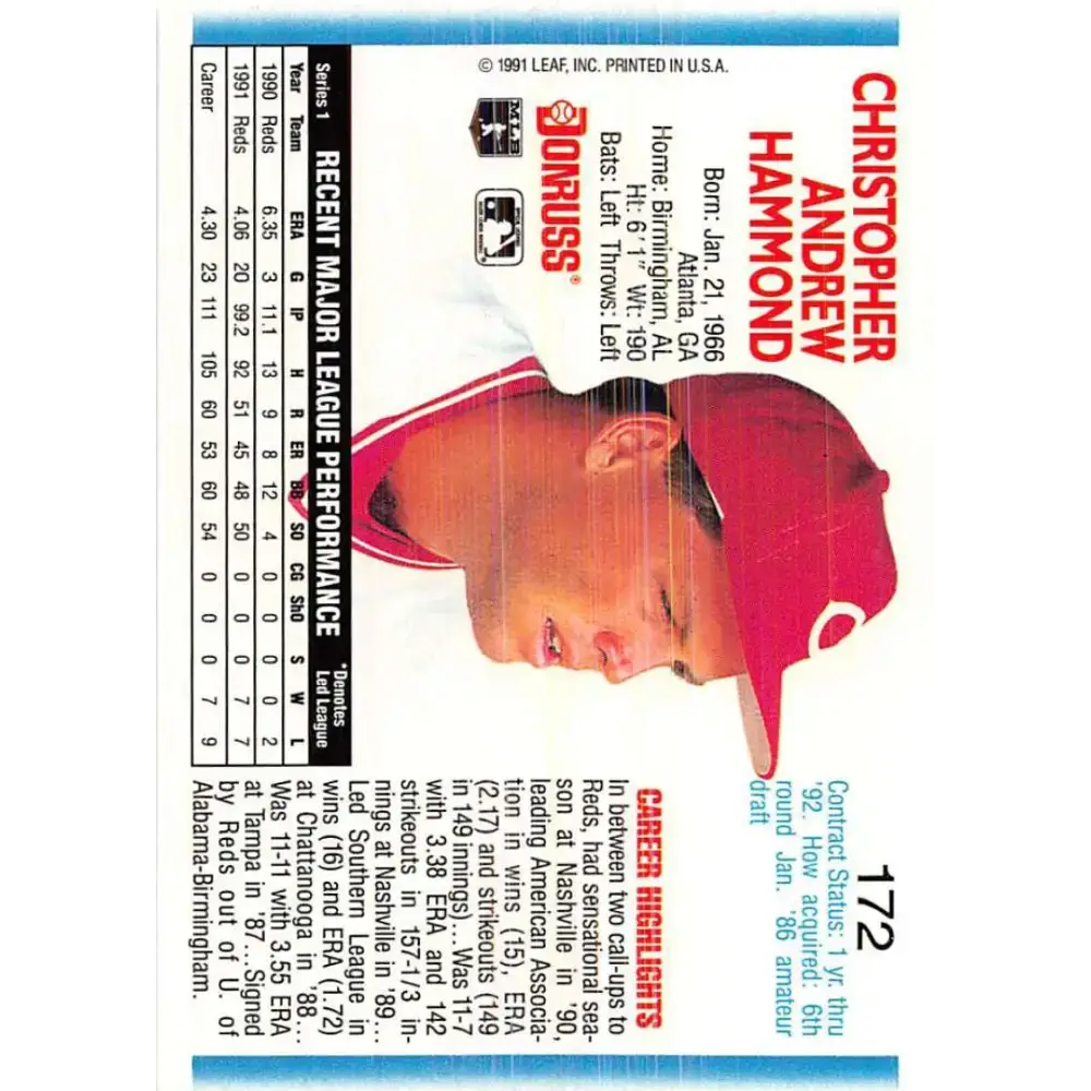 1992 Donruss #172 Chris Hammond NM-MT Cincinnati Reds Baseball Card - Baseball Card Single