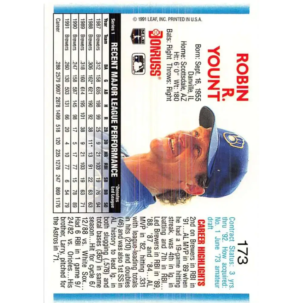 1992 Donruss #173 Robin Yount NM-MT Milwaukee Brewers Baseball Card - Baseball Card Single
