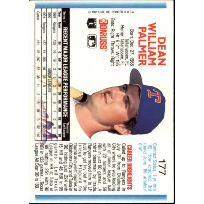 1992 Donruss #177 Dean Palmer NM-MT Texas Rangers Baseball Card - Baseball Card Single