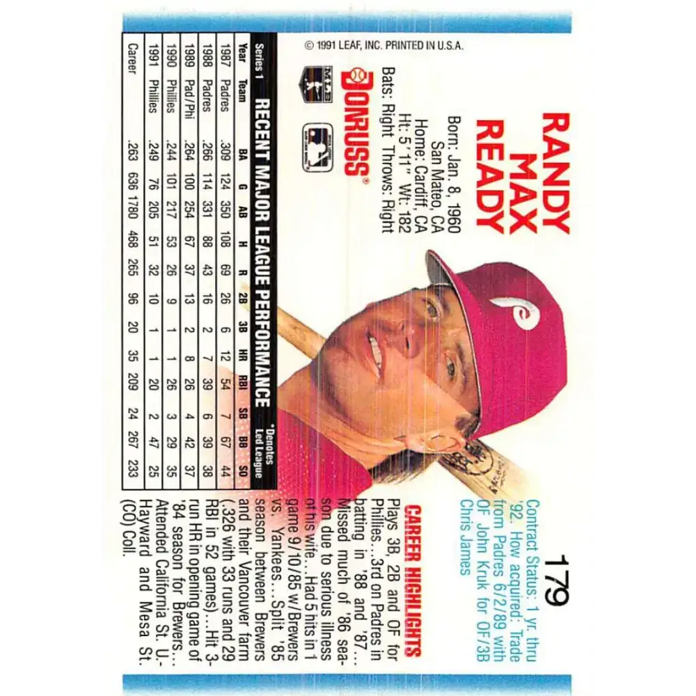 1992 Donruss #179 Randy Ready NM-MT Philadelphia Phillies Baseball Card - Baseball Card Single