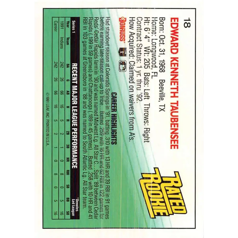 1992 Donruss #18 Eddie Taubensee RR NM-MT RC Rookie Cleveland Indians Baseball Card - Baseball Card Single