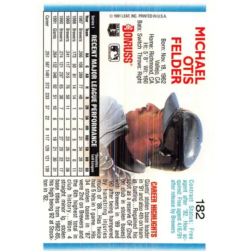 1992 Donruss #182 Mike Felder NM-MT San Francisco Giants Baseball Card - Baseball Card Single