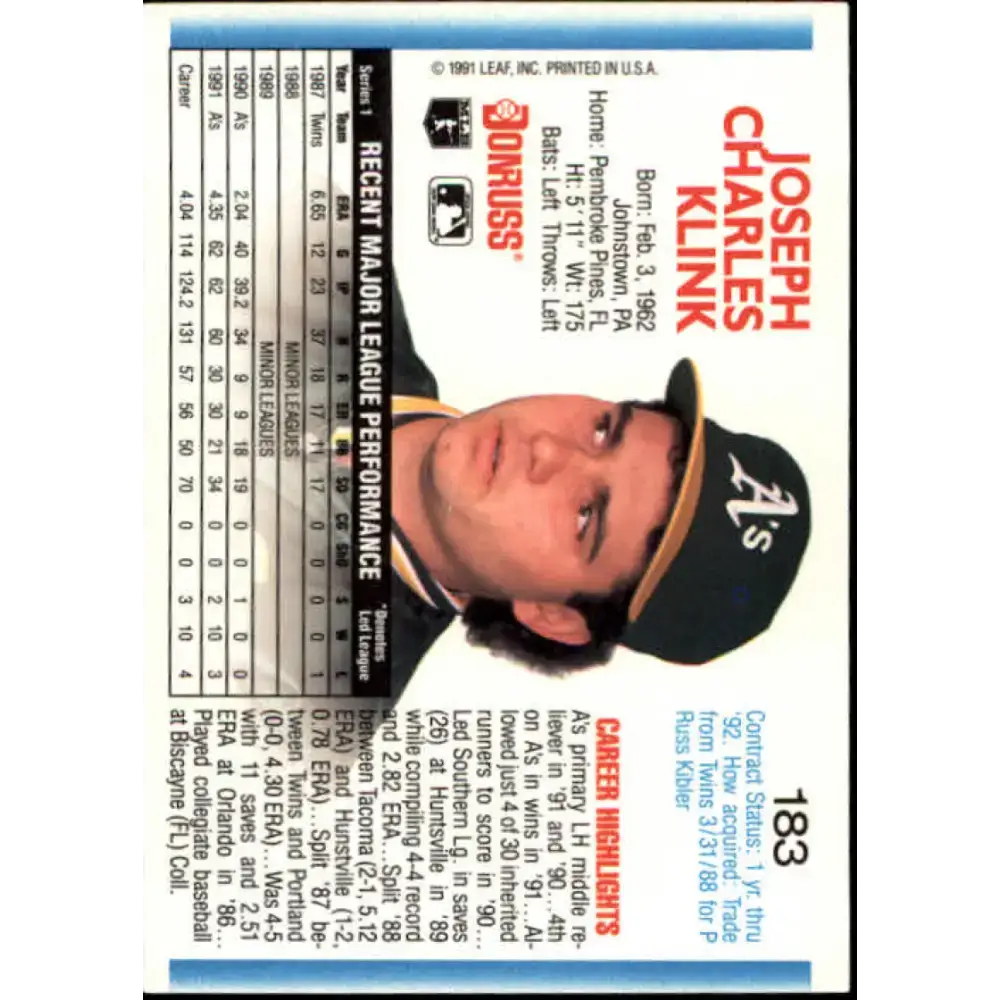 1992 Donruss #183 Joe Klink NM-MT Oakland Athletics Baseball Card - Baseball Card Single