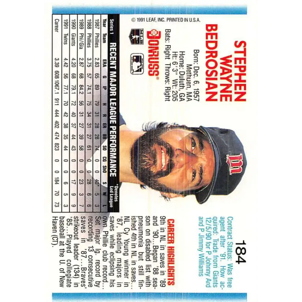 1992 Donruss #184 Steve Bedrosian NM-MT Minnesota Twins Baseball Card - Baseball Card Single