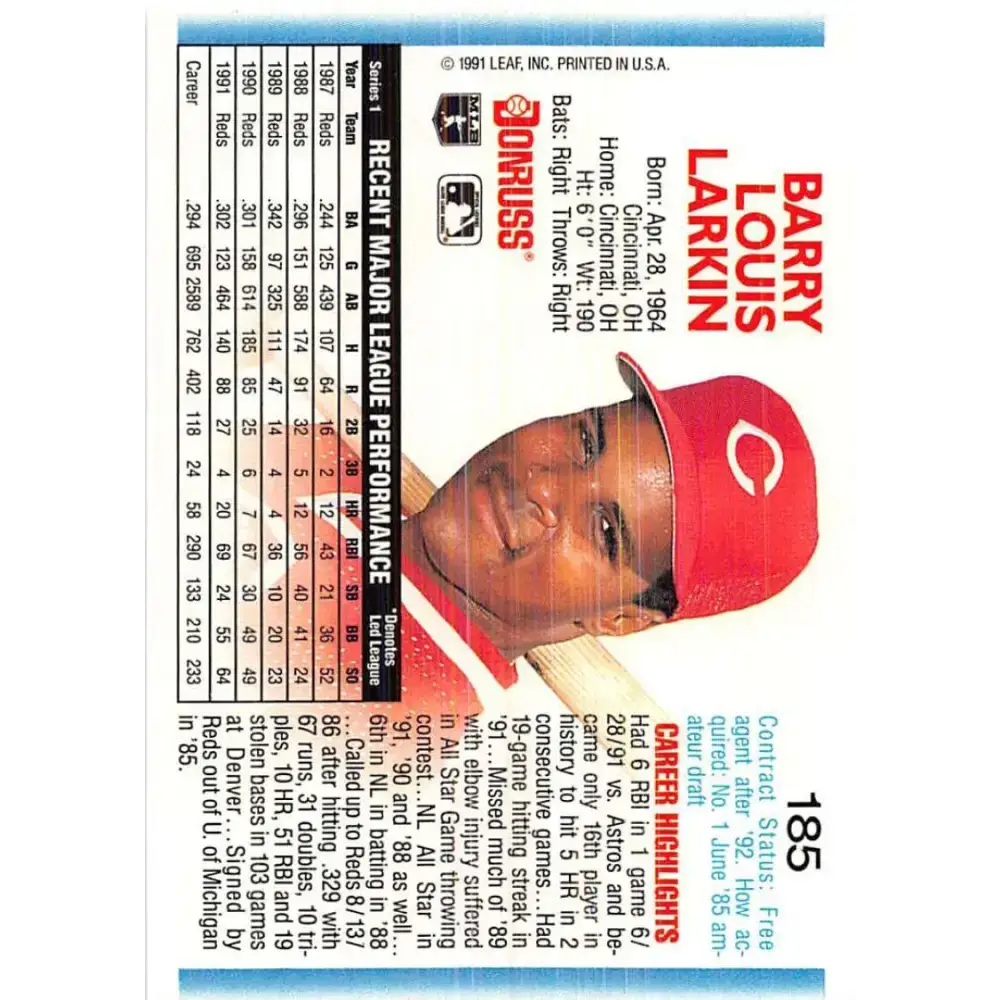 1992 Donruss #185 Barry Larkin NM-MT Cincinnati Reds Baseball Card - Baseball Card Single