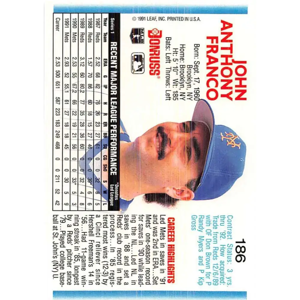 1992 Donruss #186 John Franco NM-MT New York Mets Baseball Card - Baseball Card Single