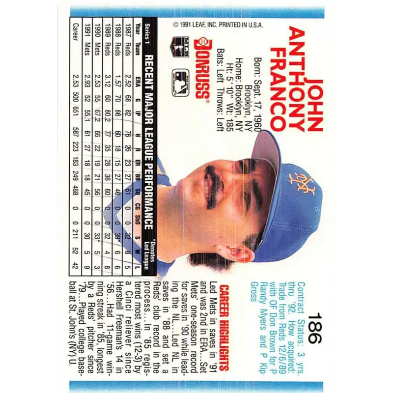 1992 Donruss #186 John Franco NM-MT New York Mets Baseball Card - Baseball Card Single