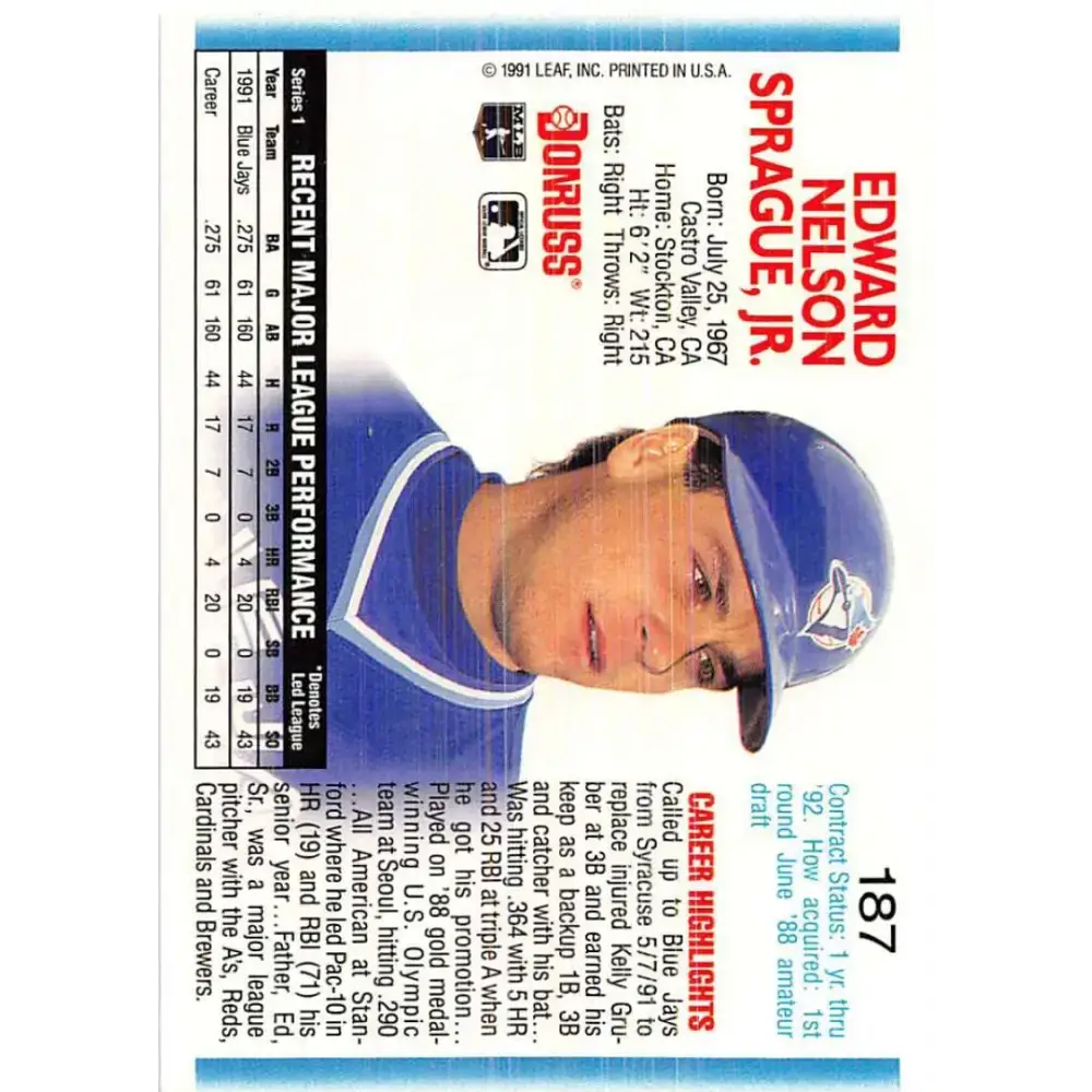 1992 Donruss #187 Ed Sprague NM-MT Toronto Blue Jays Baseball Card - Baseball Card Single
