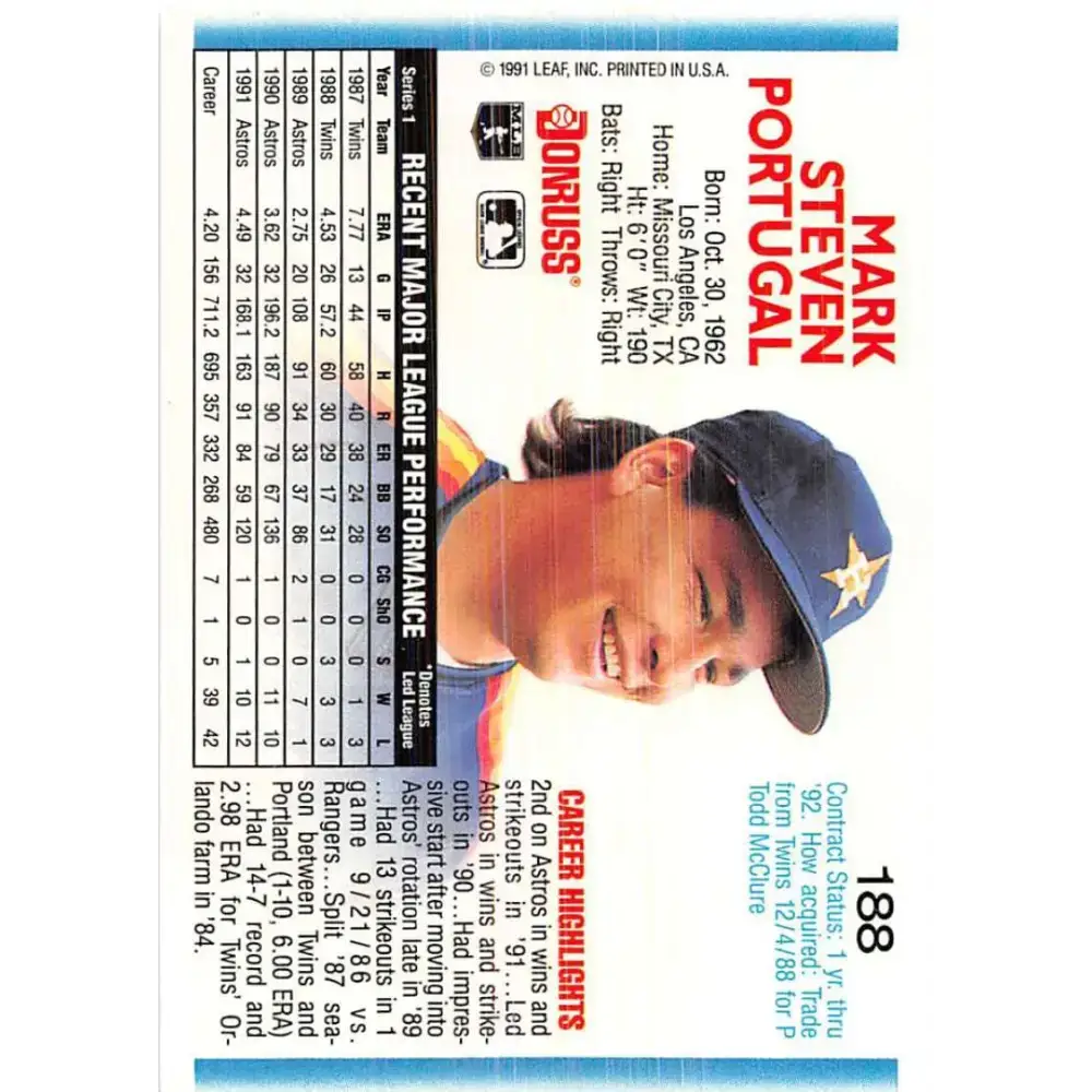 1992 Donruss #188 Mark Portugal NM-MT Houston Astros Baseball Card - Baseball Card Single