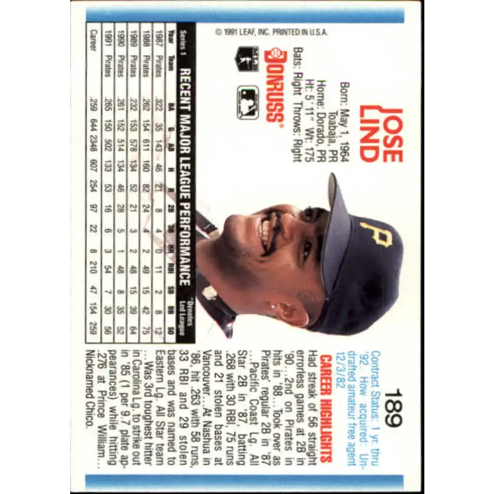 1992 Donruss #189 Jose Lind NM-MT Pittsburgh Pirates Baseball Card - Baseball Card Single