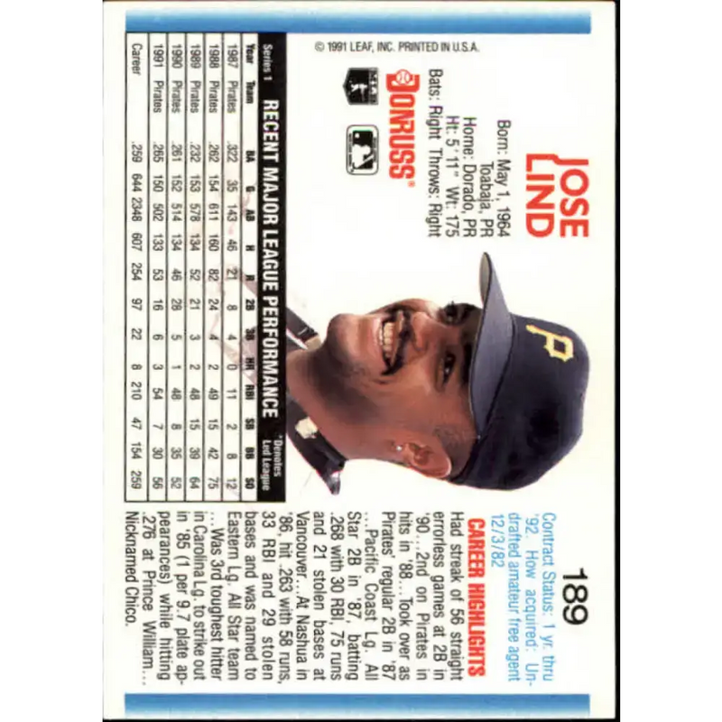 1992 Donruss #189 Jose Lind NM-MT Pittsburgh Pirates Baseball Card - Baseball Card Single