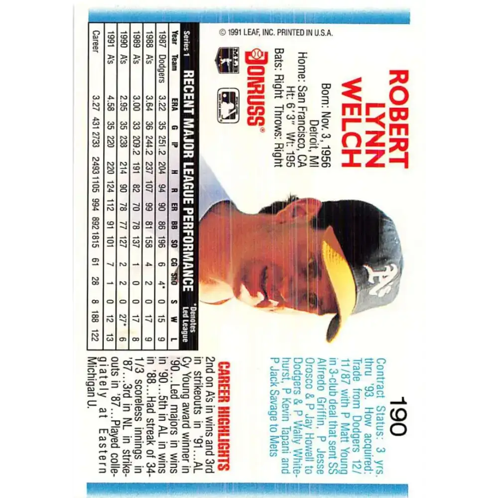 1992 Donruss #190 Bob Welch NM-MT Oakland Athletics Baseball Card - Baseball Card Single