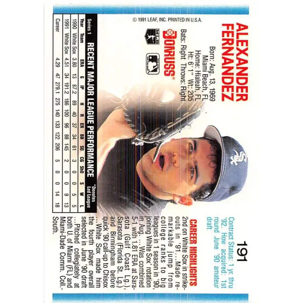 1992 Donruss #191 Alex Fernandez NM-MT Chicago White Sox Baseball Card - Baseball Card Single