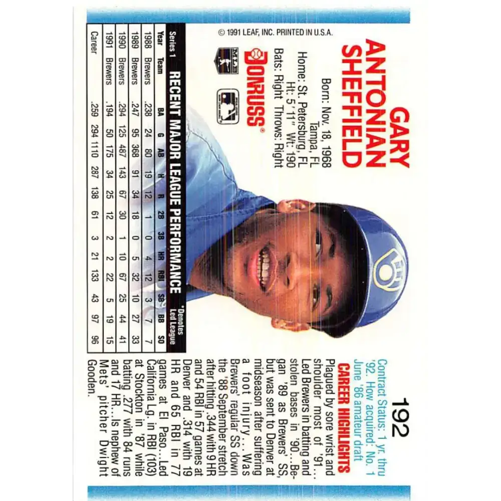 1992 Donruss #192 Gary Sheffield NM-MT Milwaukee Brewers Baseball Card - Baseball Card Single