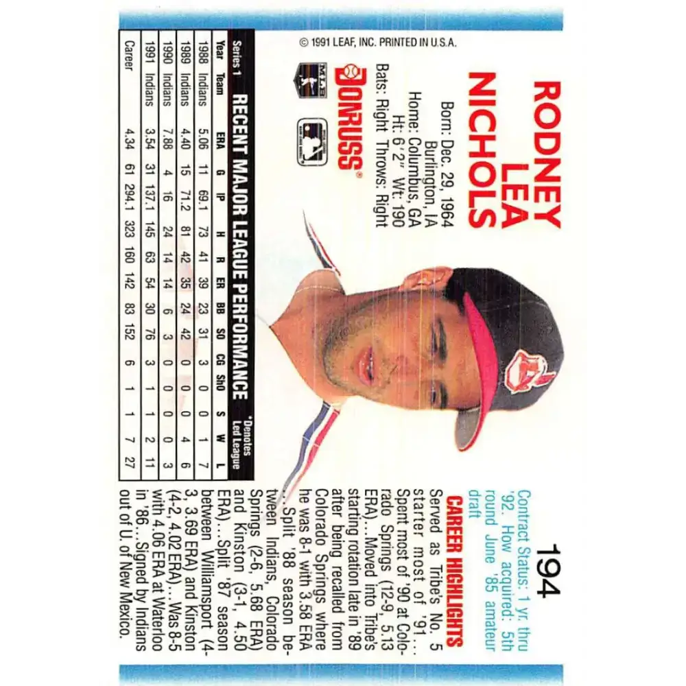 1992 Donruss #194 Rod Nichols NM-MT Cleveland Indians Baseball Card - Baseball Card Single