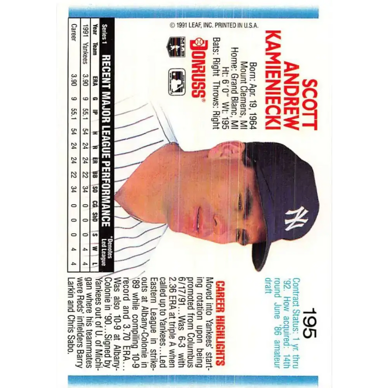 1992 Donruss #195 Scott Kamieniecki NM-MT New York Yankees Baseball Card - Baseball Card Single