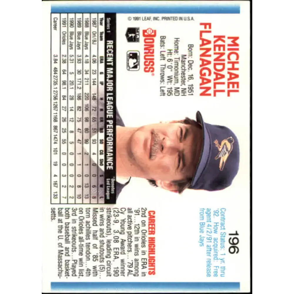 1992 Donruss #196 Mike Flanagan NM-MT Baltimore Orioles Baseball Card - Baseball Card Single