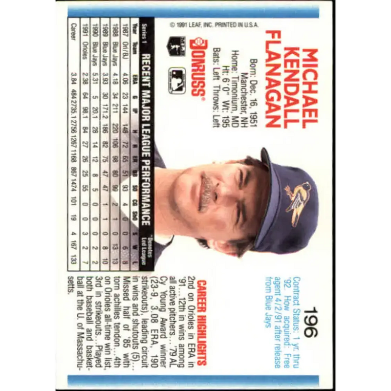 1992 Donruss #196 Mike Flanagan NM-MT Baltimore Orioles Baseball Card - Baseball Card Single