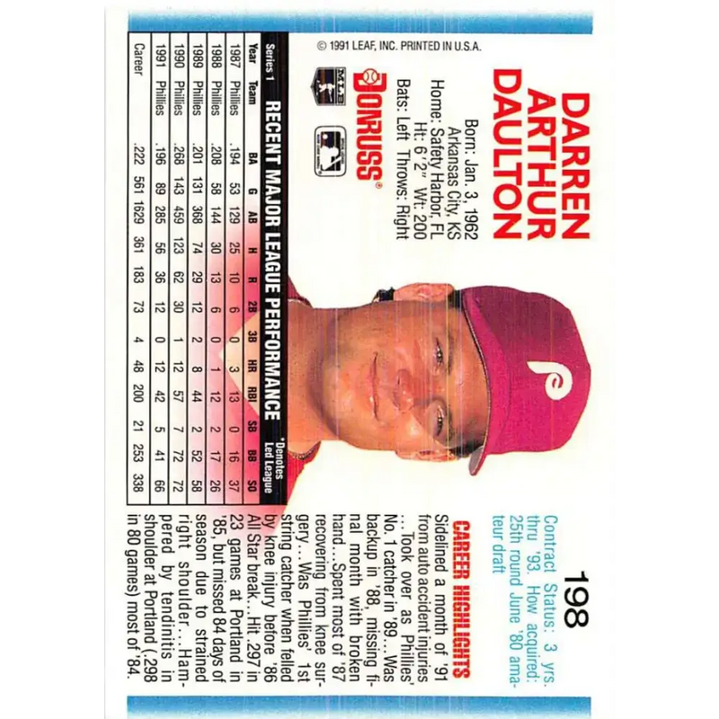 1992 Donruss #198 Darren Daulton NM-MT Philadelphia Phillies Baseball Card - Baseball Card Single