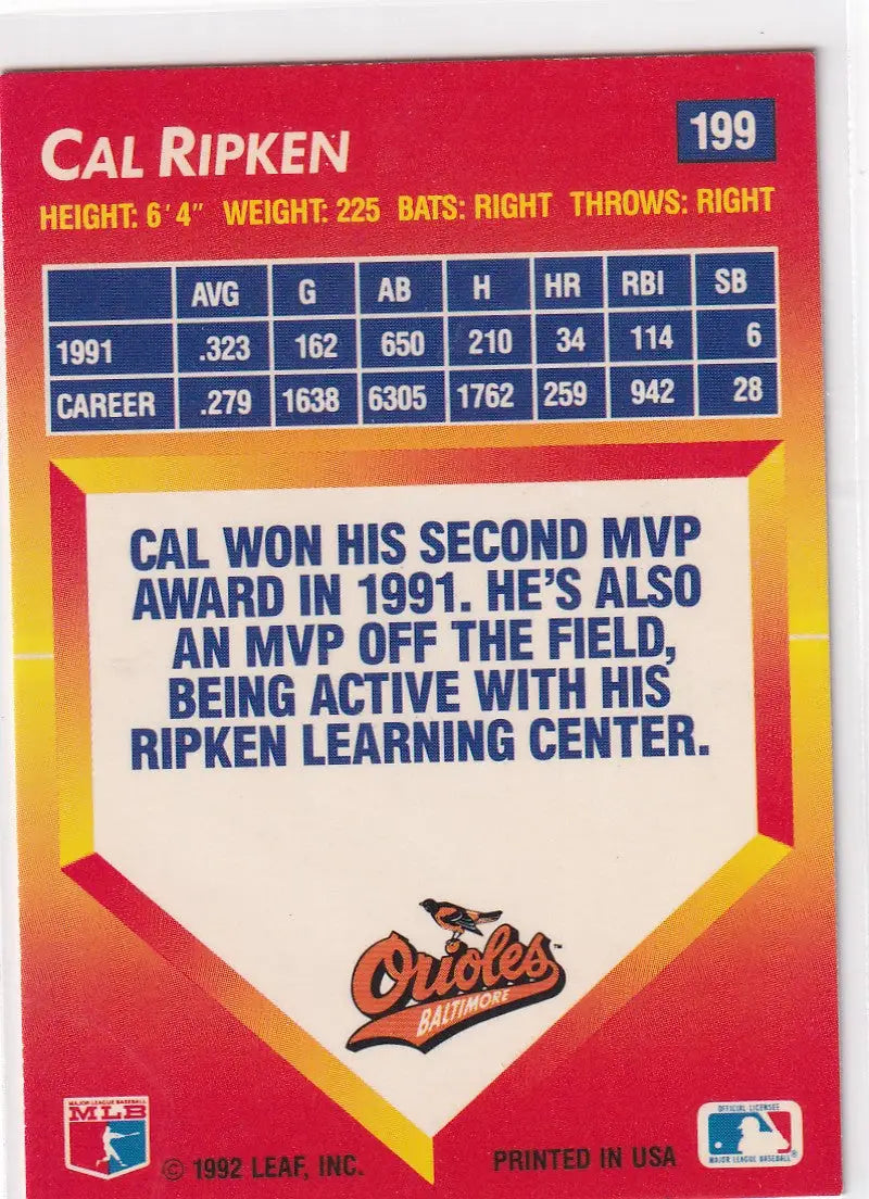 1992 DONRUSS #199 CAL RIPKEN JR TRIPLE PLAY- BALTIMORE ORIOLES