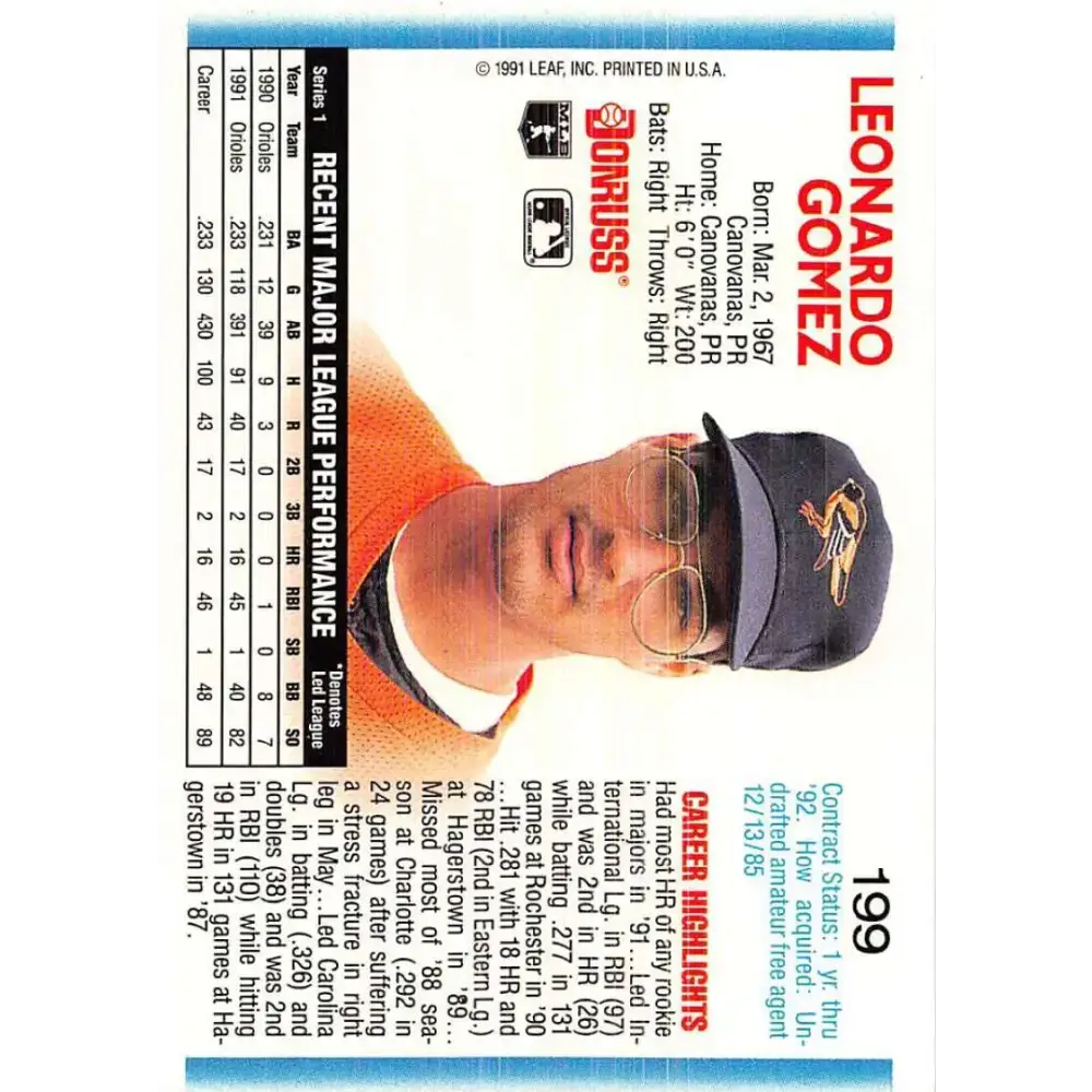 1992 Donruss #199 Leo Gomez NM-MT Baltimore Orioles Baseball Card - Baseball Card Single