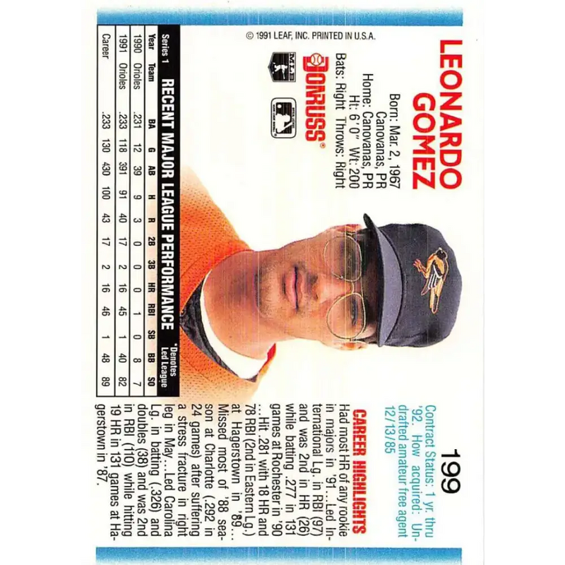 1992 Donruss #199 Leo Gomez NM-MT Baltimore Orioles Baseball Card - Baseball Card Single