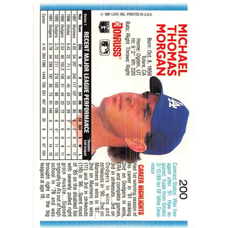 1992 Donruss #200 Mike Morgan NM-MT Los Angeles Dodgers Baseball Card - Baseball Card Single