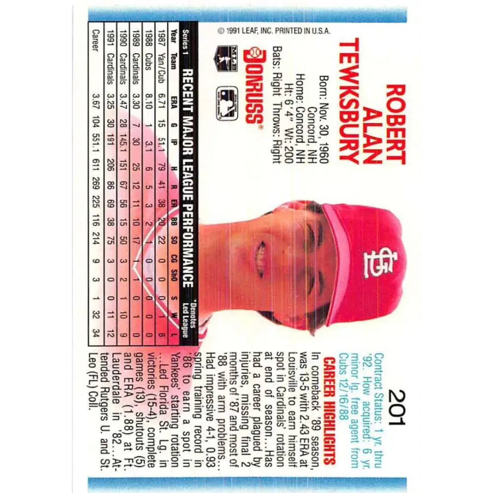 1992 Donruss #201 Bob Tewksbury NM-MT St. Louis Cardinals Baseball Card - Baseball Card Single