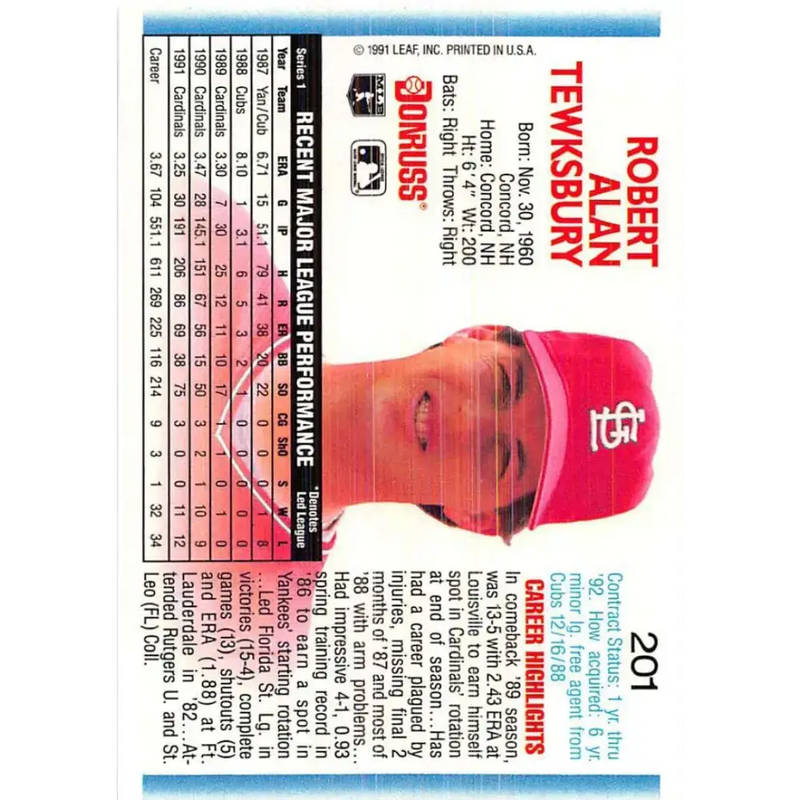 1992 Donruss #201 Bob Tewksbury NM-MT St. Louis Cardinals Baseball Card - Baseball Card Single