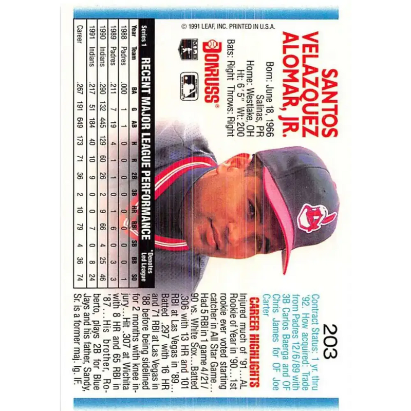 1992 Donruss #203 Sandy Alomar Jr. NM-MT Cleveland Indians Baseball Card - Baseball Card Single