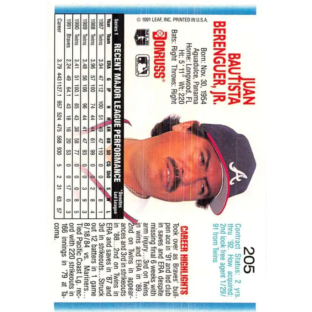 1992 Donruss #205 Juan Berenguer NM-MT Atlanta Braves Baseball Card - Baseball Card Single