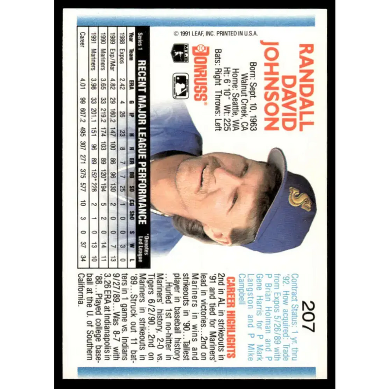 1992 Donruss #207 Randy Johnson EX/NM Seattle Mariners Baseball Card - Baseball Card Single