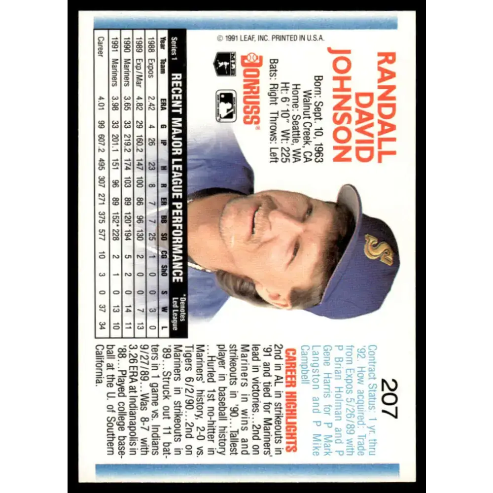 1992 Donruss #207 Randy Johnson NM-MT Seattle Mariners Baseball Card - Baseball Card Single
