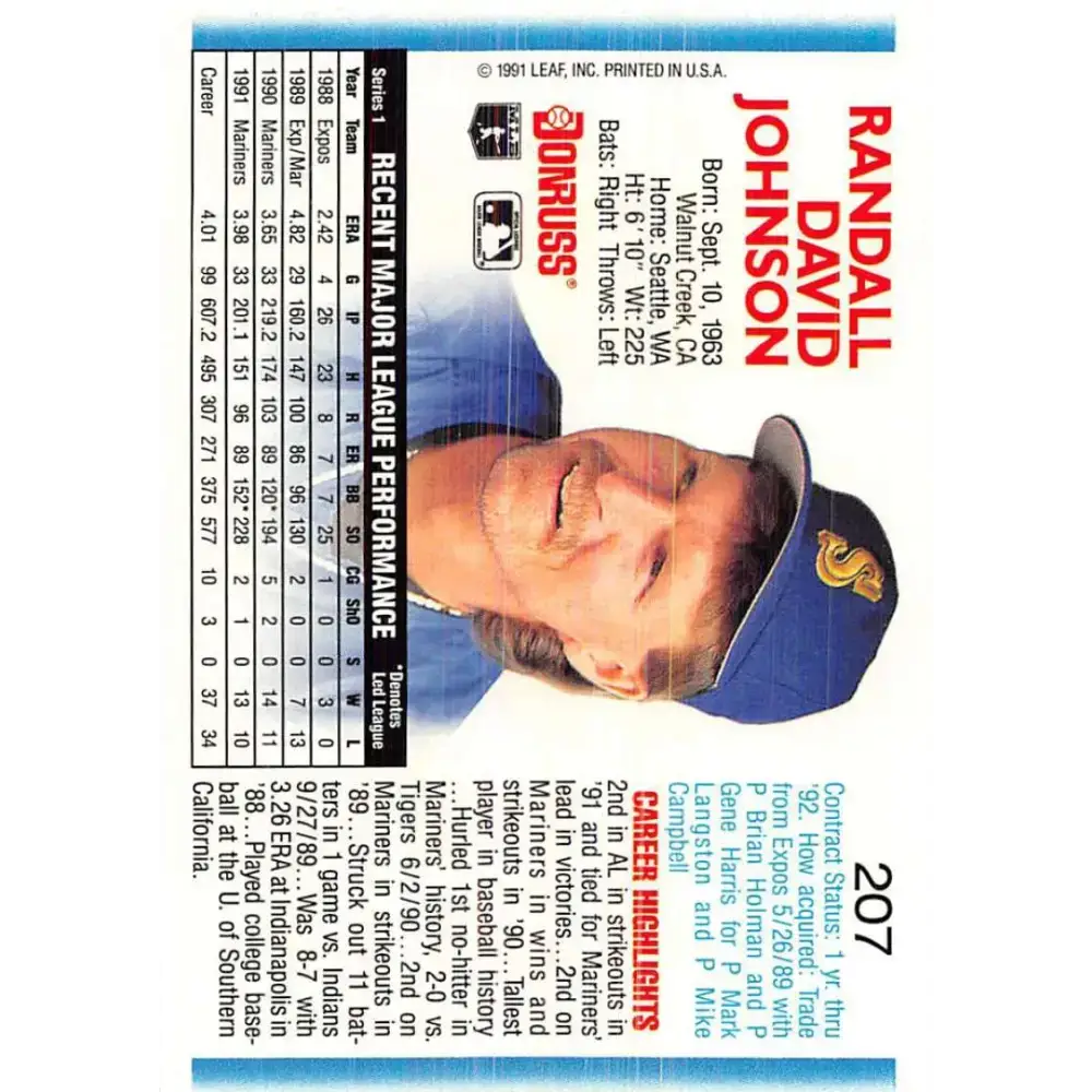 1992 Donruss #207 Randy Johnson NM-MT Seattle Mariners Baseball Card - Baseball Card Single
