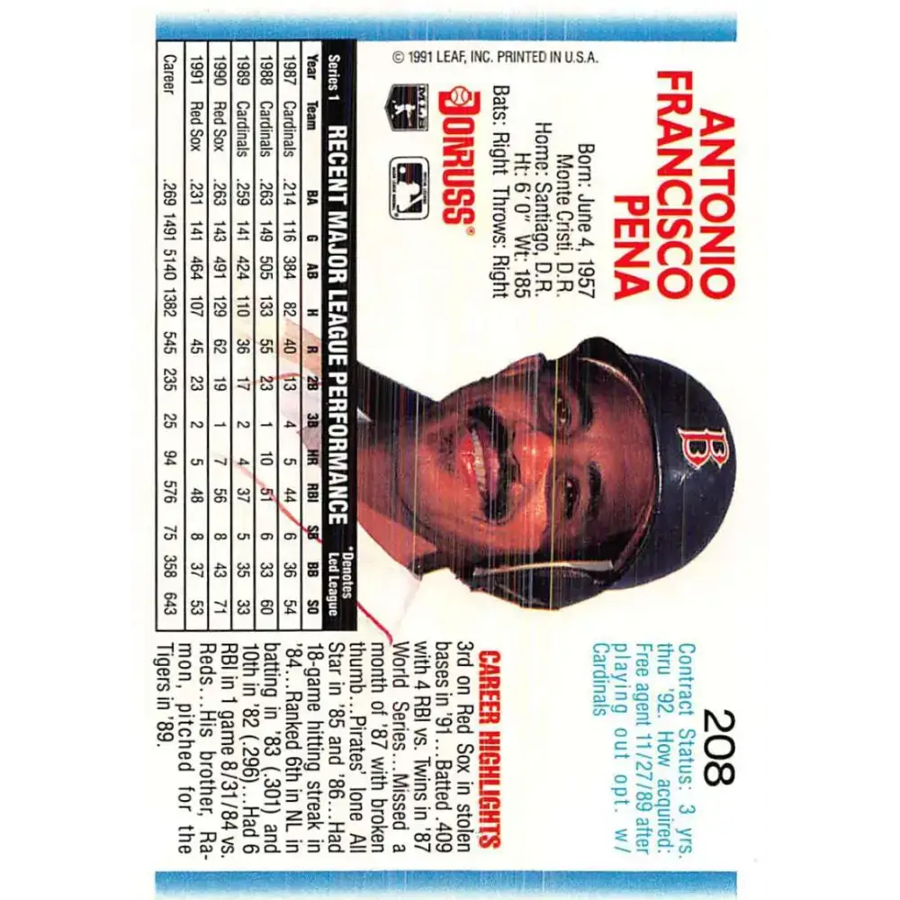 1992 Donruss #208 Tony Pena NM-MT Boston Red Sox Baseball Card - Baseball Card Single