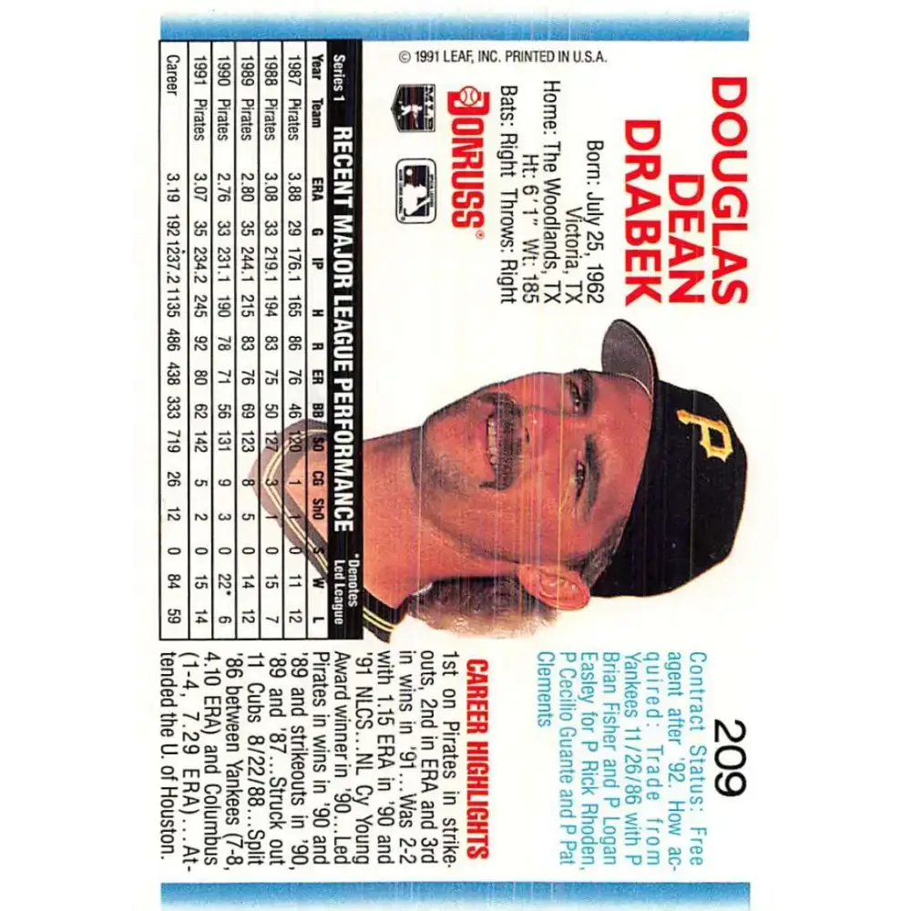 1992 Donruss #209 Doug Drabek NM-MT Pittsburgh Pirates Baseball Card - Baseball Card Single