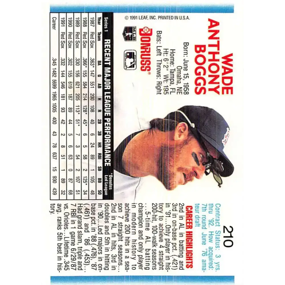 1992 Donruss #210 Wade Boggs NM-MT Boston Red Sox Baseball Card - Baseball Card Single