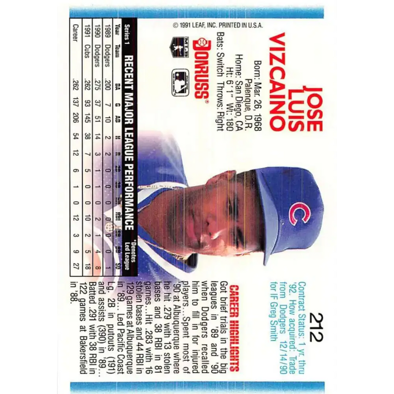 1992 Donruss #212 Jose Vizcaino NM-MT Chicago Cubs Baseball Card - Baseball Card Single