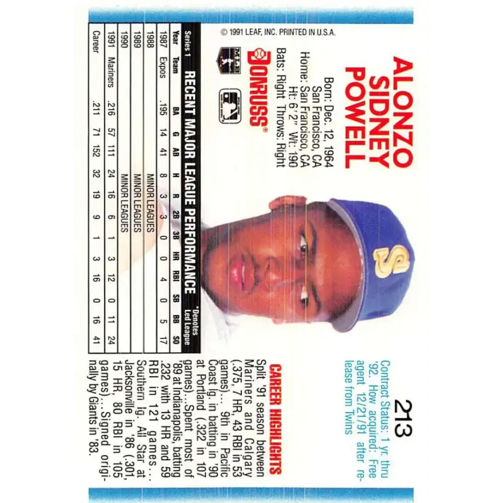 1992 Donruss #213 Alonzo Powell NM-MT Seattle Mariners Baseball Card - Baseball Card Single