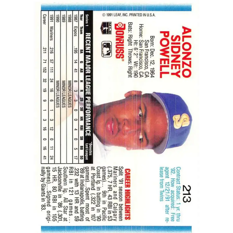 1992 Donruss #213 Alonzo Powell NM-MT Seattle Mariners Baseball Card - Baseball Card Single