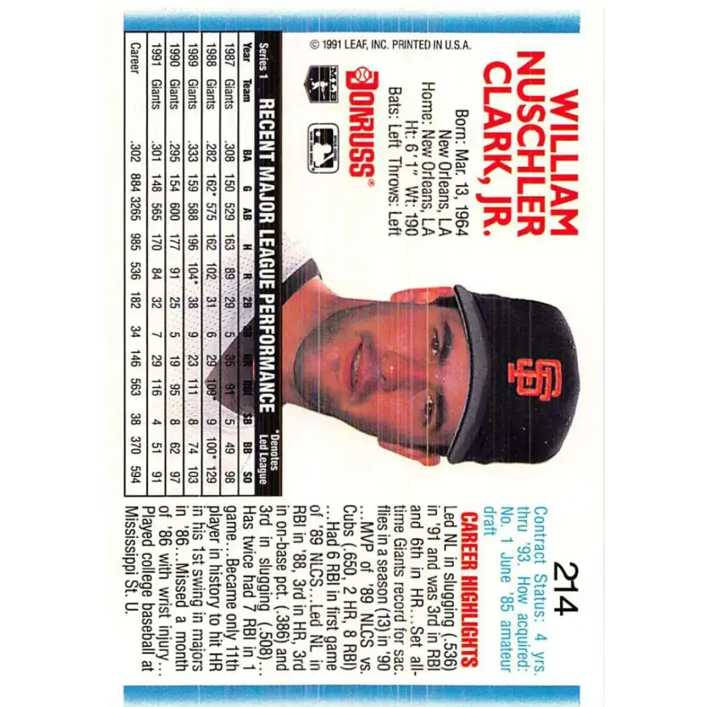 1992 Donruss #214 Will Clark NM-MT San Francisco Giants Baseball Card - Baseball Card Single