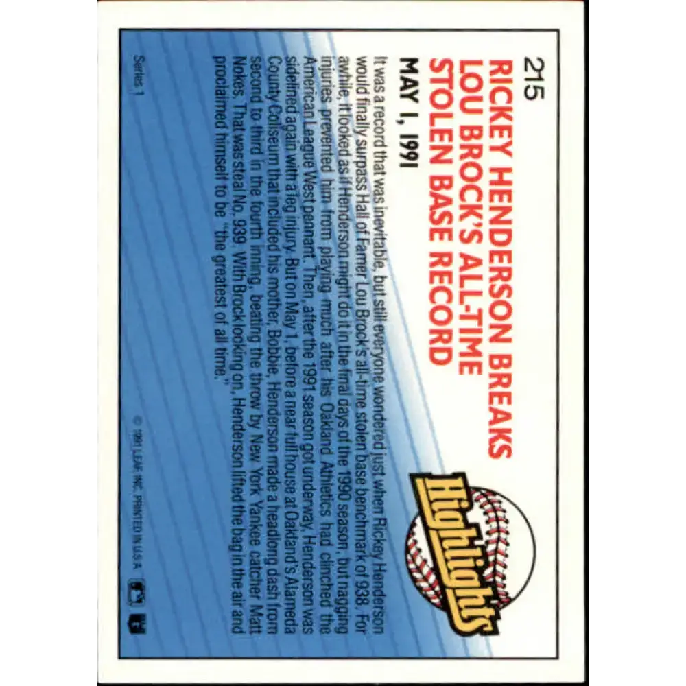 1992 Donruss #215 Rickey Henderson HL NM-MT Oakland Athletics Baseball Card - Baseball Card Single