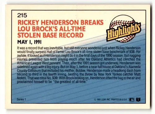 Baseball card back featuring 1992 Donruss Rickey Henderson Oakland Athletics player info