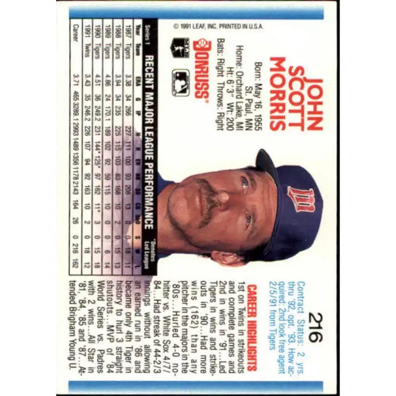 1992 Donruss #216 Jack Morris NM-MT Minnesota Twins Baseball Card - Baseball Card Single