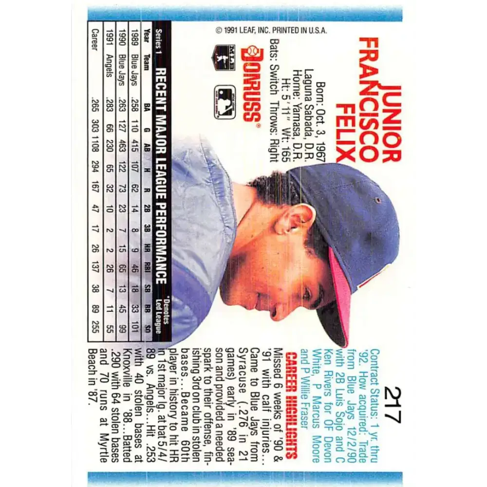 1992 Donruss #217 Junior Felix NM-MT California Angels Baseball Card - Baseball Card Single