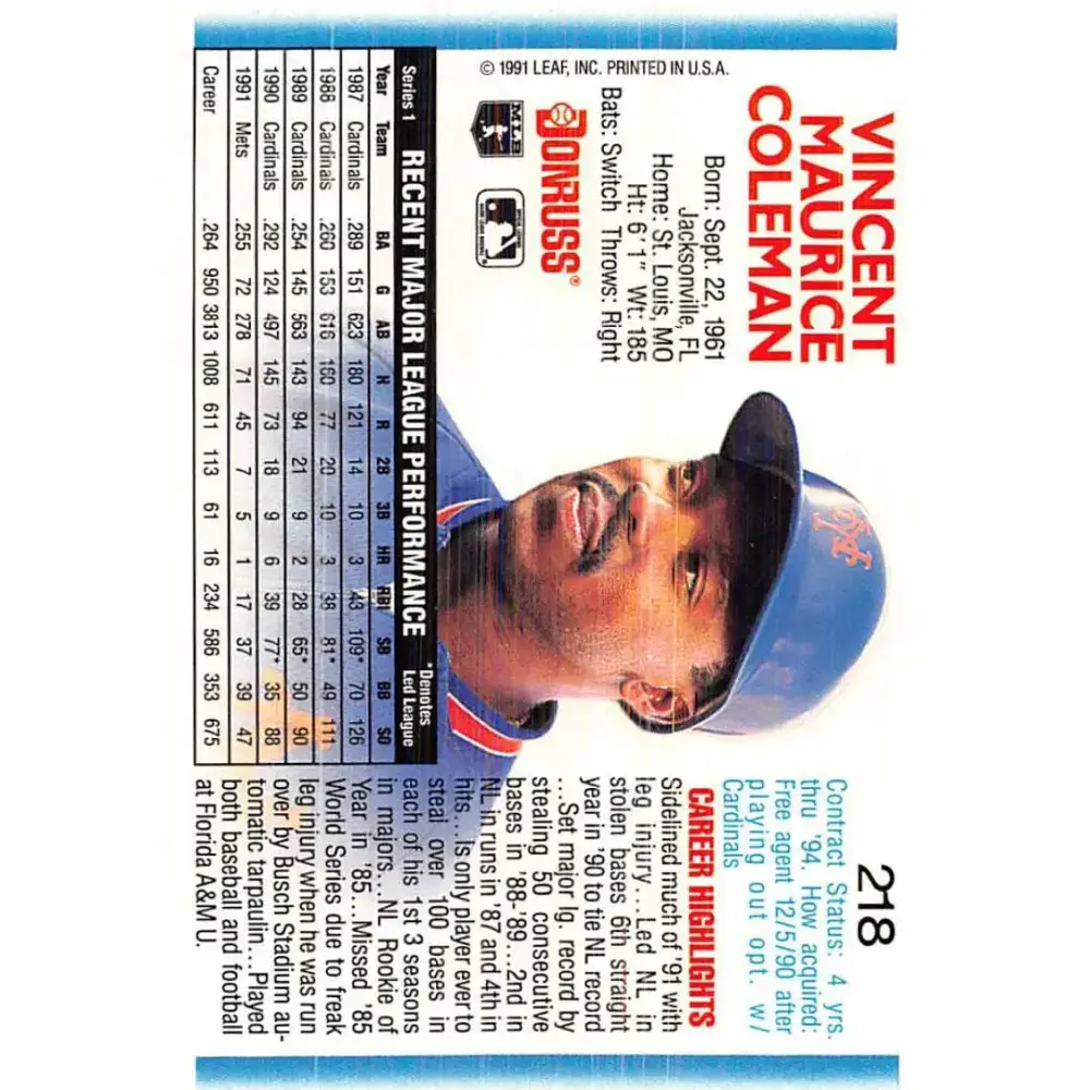 1992 Donruss #218 Vince Coleman NM-MT New York Mets Baseball Card - Baseball Card Single