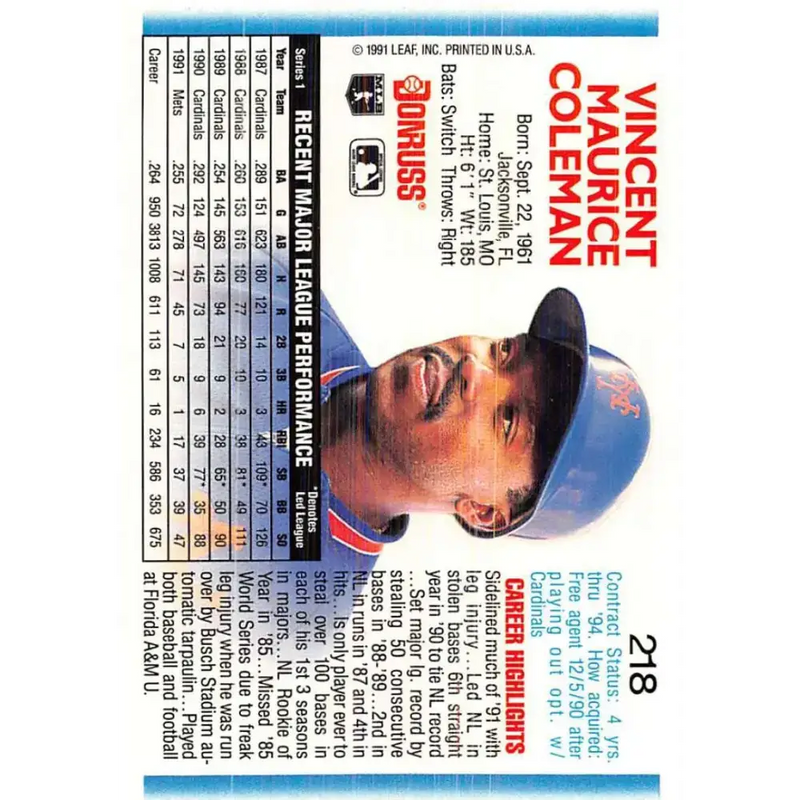 1992 Donruss #218 Vince Coleman NM-MT New York Mets Baseball Card - Baseball Card Single