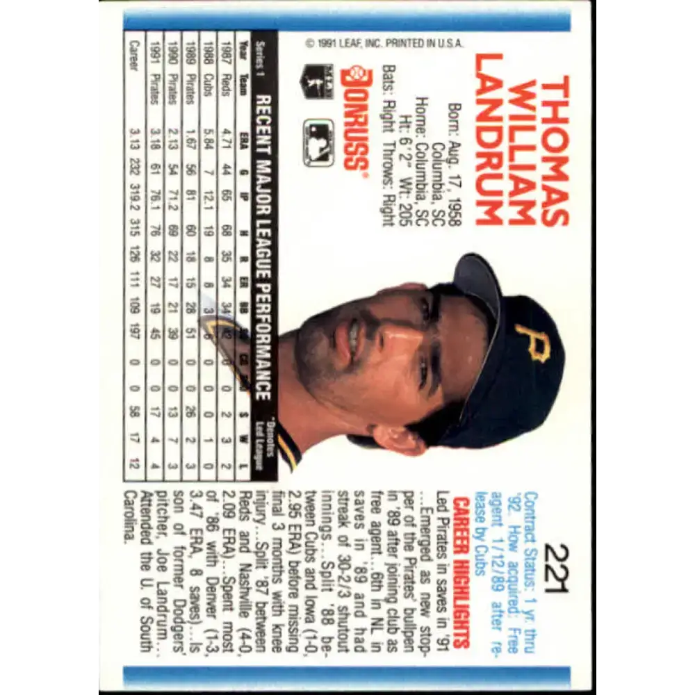 1992 Donruss #221 Bill Landrum NM-MT Pittsburgh Pirates Baseball Card - Baseball Card Single